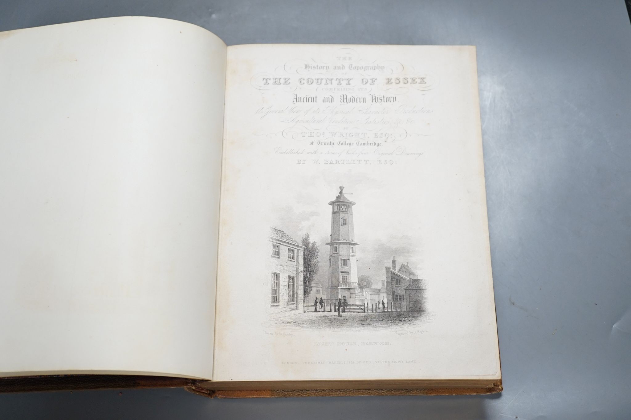 Wright, Thomas - The History and Topography of the County of Essex... 2 vols, pictorial engraved titles, a map and 98 steel-engraved plates; later 19th century gilt-ruled half